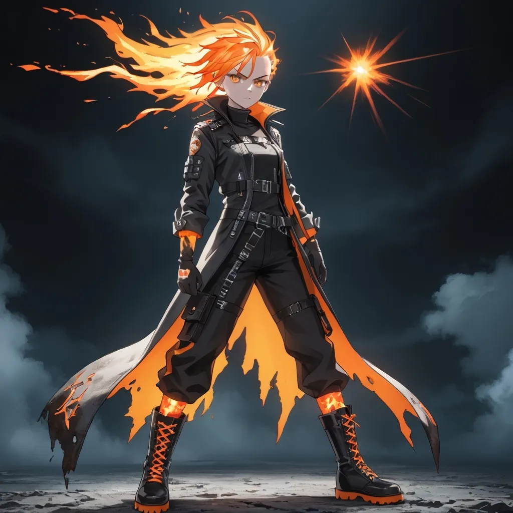 Prompt: 20 year old female. half shaved messy long orange fiery hair. wearing a tattered black overcoat. tattered black tall boots. tattered black pants. black half gloves. a shining rainbow energy flowing on her skin. her eyes glow orange with anger. 