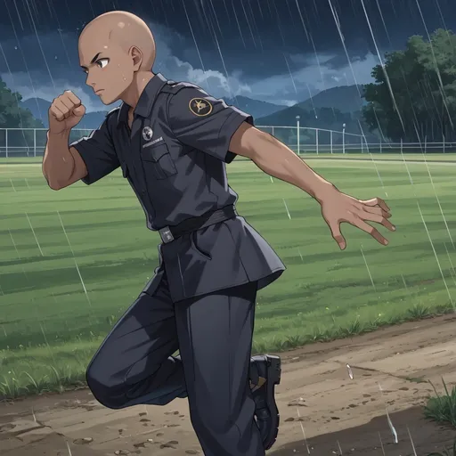 Prompt: 30 year old dark skinned bald male in a black ninja uniform standing in an open field at night time. he's kicking at the rain drops. Dark outside. shadows.raining sky. side view.