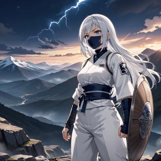 Prompt: a 20 year old female ninja. wearing a white ninja uniform. white mask with eyes exposed. long white hair. large shield on her back. mountains thunderstorm. night 