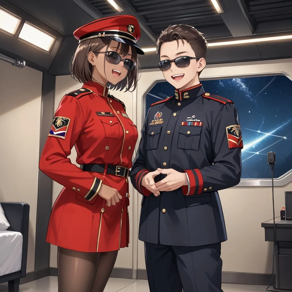 Prompt: A dark skinned 25 year old female with long brown hair. wearing a red and black  cadet uniform and black shades. stands near a 26 year old male with short blond hair. wearing a red and black military uniform and black shades. they both talk and laugh. Inside of a space station with lights. looking out the window.