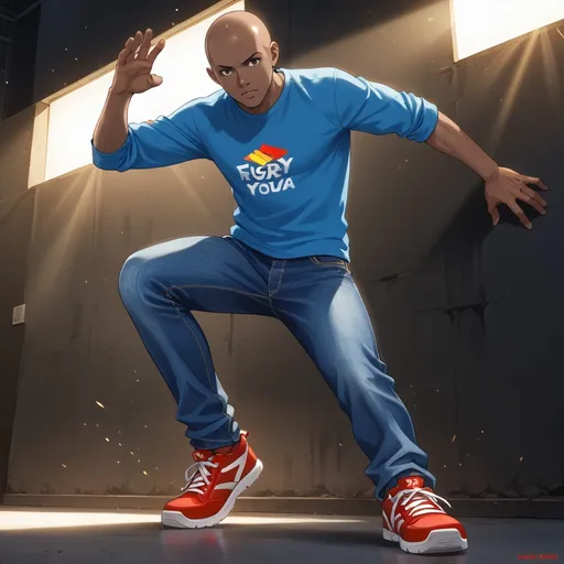 Prompt: 30 year old dark skinned bald male Wearing a blue shirt with a logo and red jeans and white shoes. Flip kicking on a wall. lower view