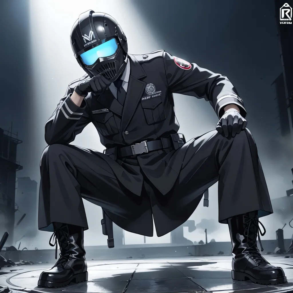 Prompt: scary 40 year old man.wearing a black uniform and black overcoat. black boots. black full mask helmet. black gloves. relaxing. black mist. cant see eyes. hologram