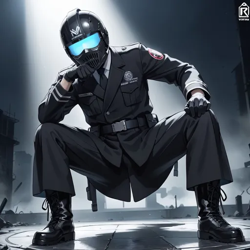 Prompt: scary 40 year old man.wearing a black uniform and black overcoat. black boots. black full mask helmet. black gloves. relaxing. black mist. cant see eyes. hologram