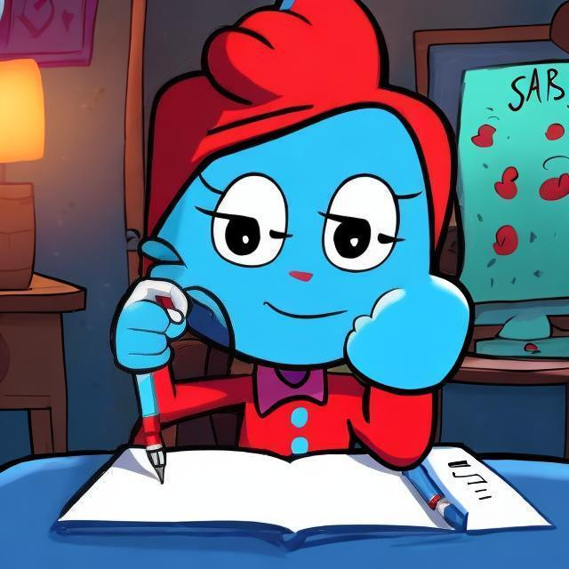 Prompt: pajama sam writing with a pen in his hand