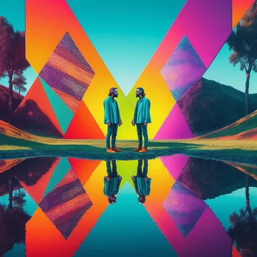 Prompt: Landscape shot of a man touching his own reflection with both sides having different colours and geometrical patterns, psychedelic colour palette, trippy effect, 3D rendered, rich colour scheme, ample vibrancy, 