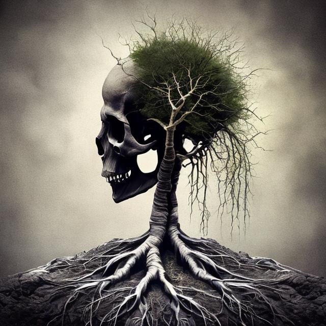 Prompt: Separation from life to death and from god(into something else) roots trees tiny skulls death peace realistic art