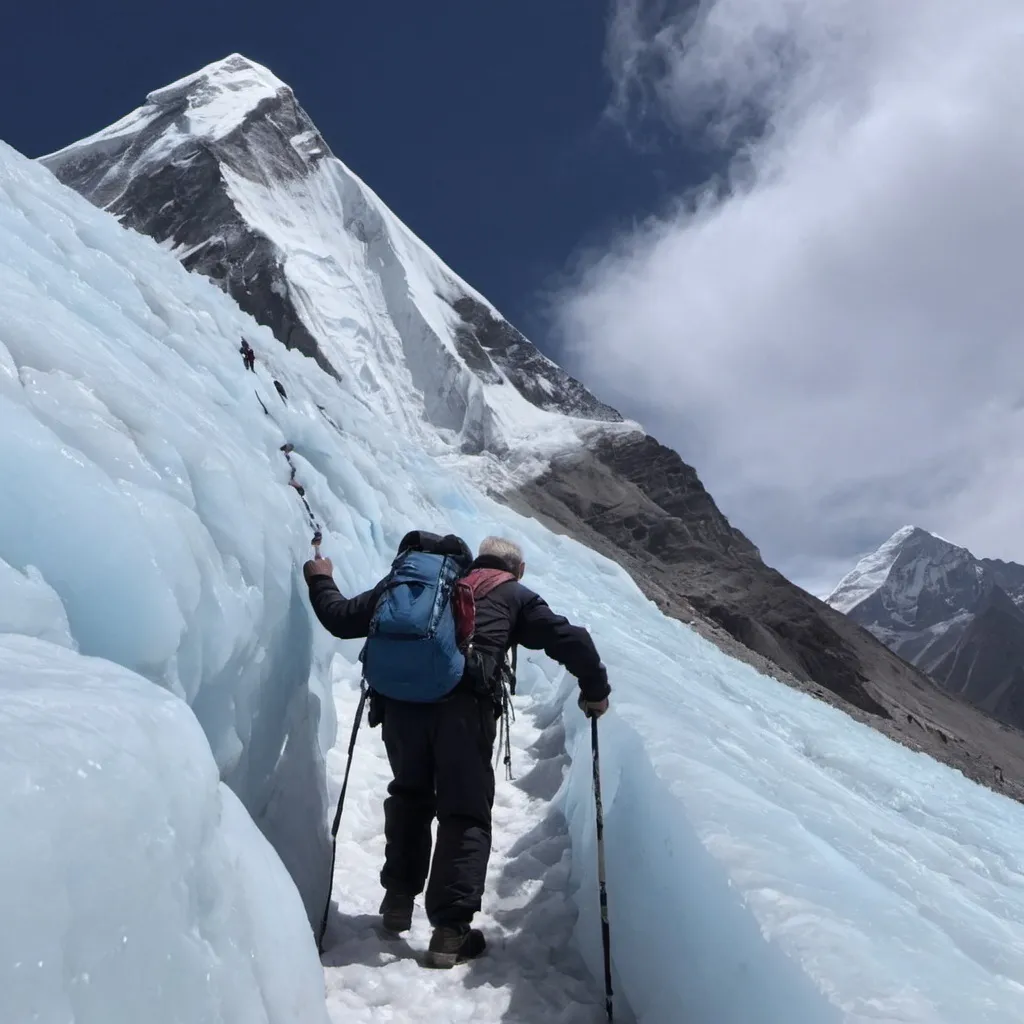 Prompt: The old Man climbing to the Everest ice mount to find his daughter