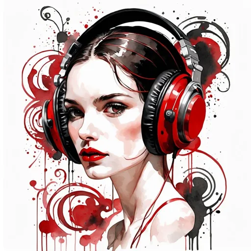 Prompt: digital watercolor painting, vintage headphones, white background , black and red, bold brush strokes, art nouveau