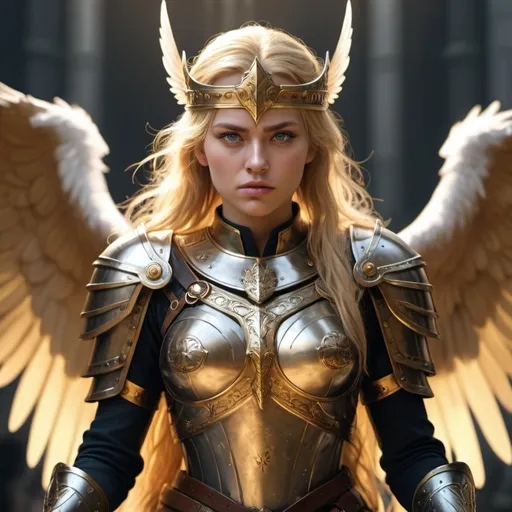 Prompt: goldenhaired valkyries, ready for battle, kneeling down before their king, full body, high detail, 4k