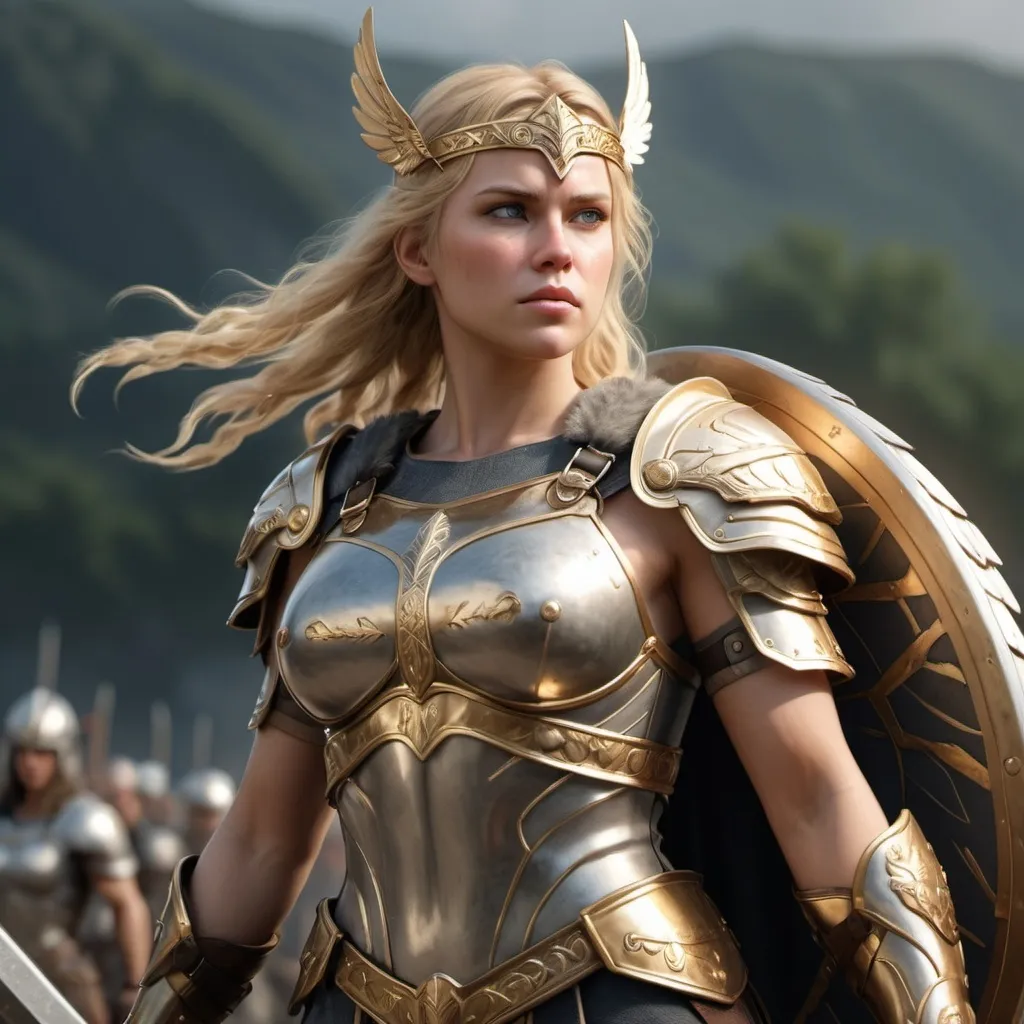 Prompt: A goldenhaired valkyrie, standing ready for battle, full body, high detail, 4k