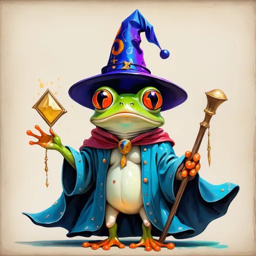 Prompt: Frog wearing a wizard hat, Picasso style,