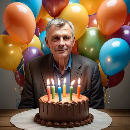 Prompt: Photorealistic image of a man celebrating his fifty birthday, appearing much older than his age, surrounded by colorful balloons, text on balloons reads "Sergej Redel", warm lighting, nostalgic ambiance with a hint of melancholy, cake and candles nearby, richly detailed facial features reflecting wisdom and life experiences, vibrant colors contrasting with the man's age, ultra-detailed and high-quality depiction.