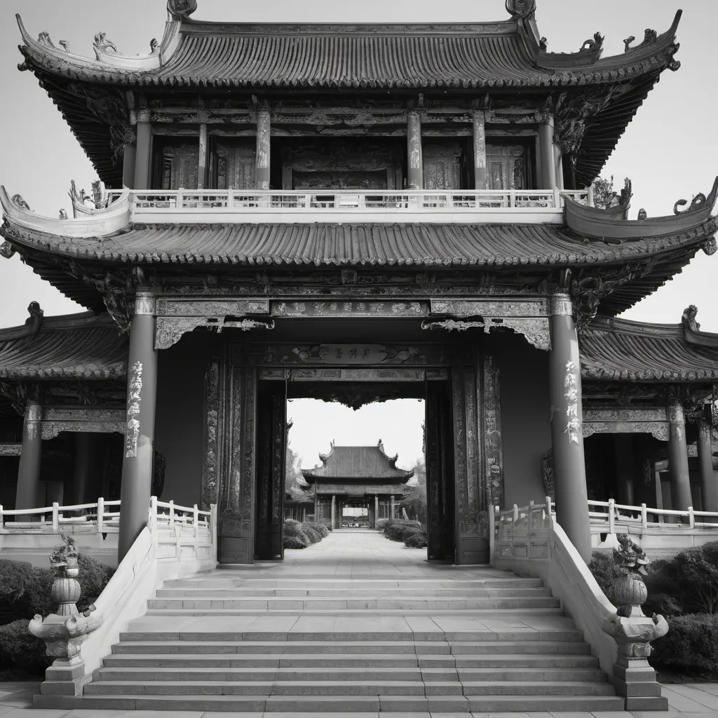 Prompt: Chinese temple front in black and white