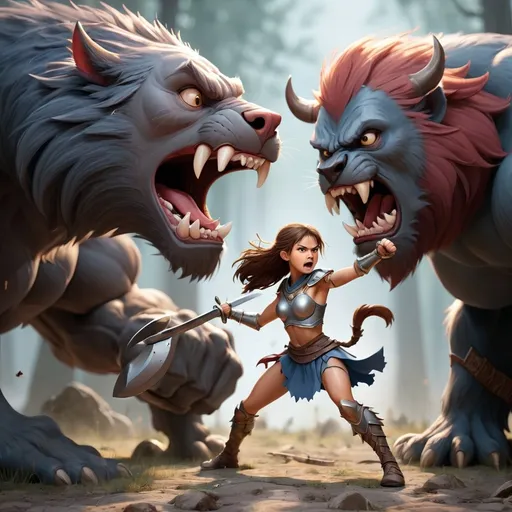 Prompt: warrior girl fighting against beast 