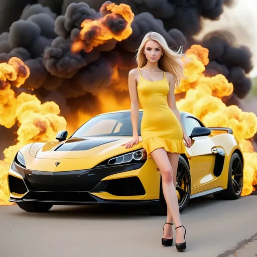 Prompt: cute white girl with the sports car in yellow and black dress and yellow and black sports car with fire and smoke effect