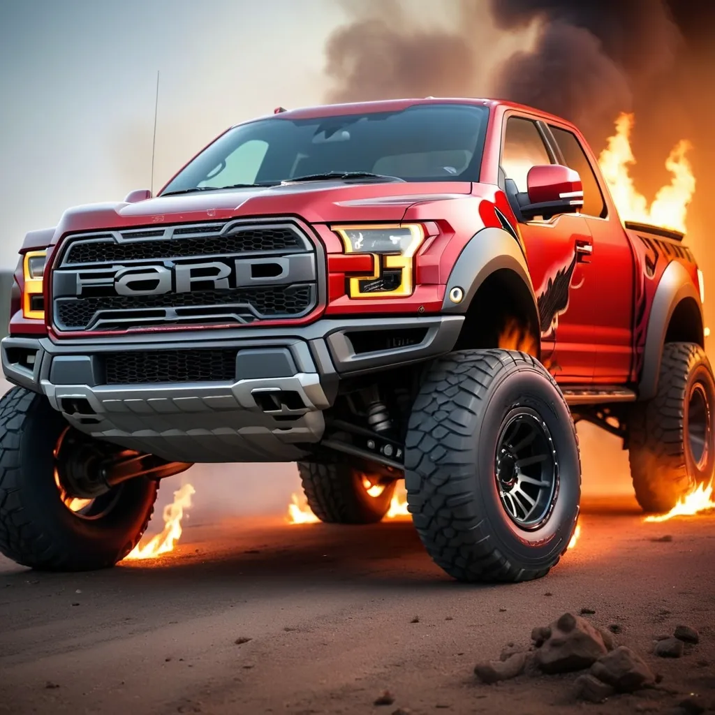 Prompt: ford f150 raptor beast in red color with  smoke and fire 