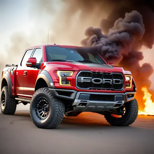 Prompt: ford f150 raptor beast in red color with  smoke and fire 