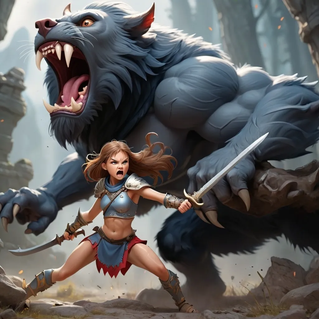 Prompt: warrior girl fighting against beast 