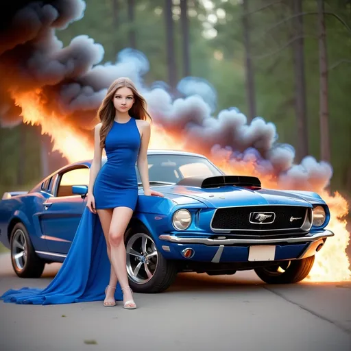 Prompt: cute white girl with the sports car in blue dress and blue ford mustang sports car with fire and smoke effect