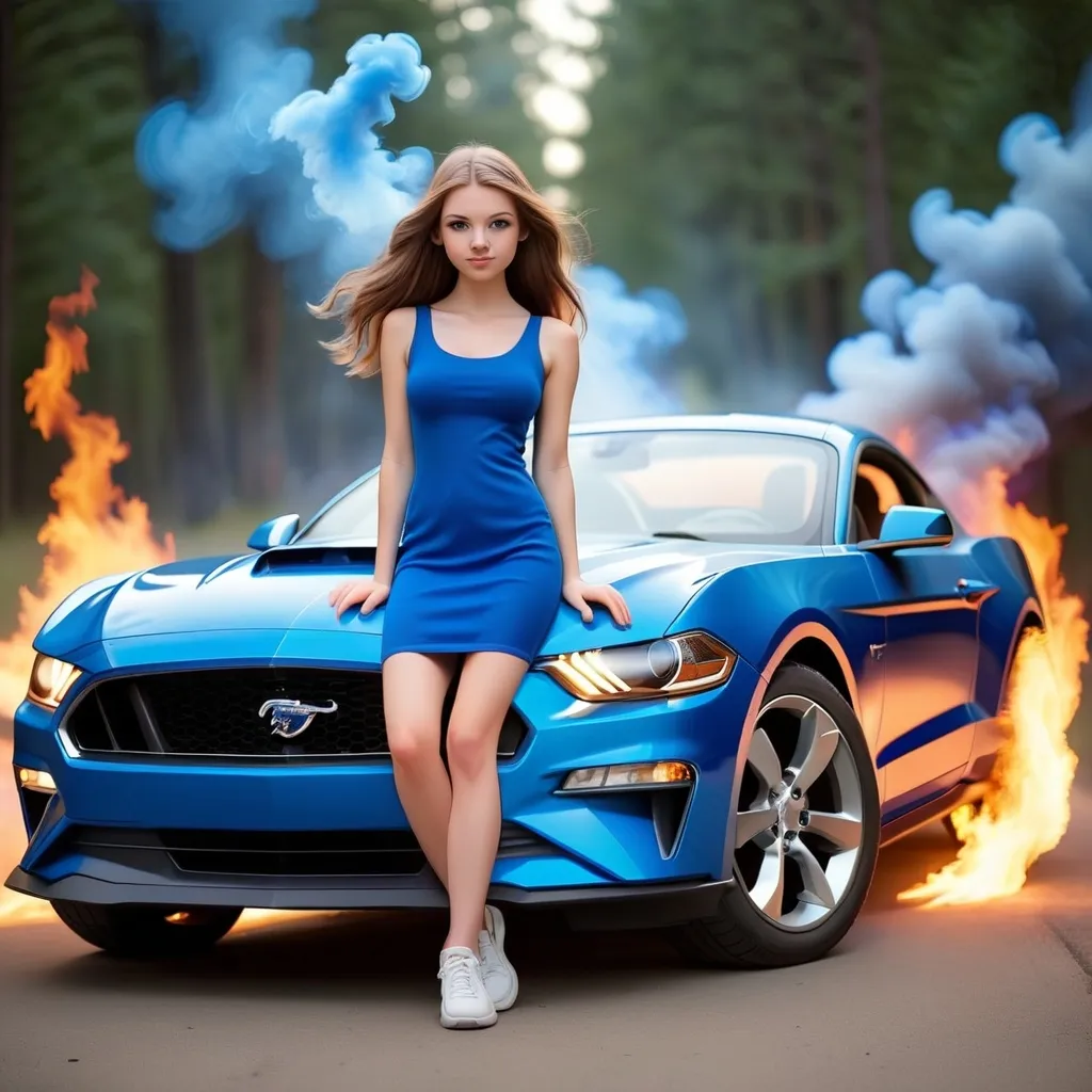 Prompt: cute white girl with the sports car in blue dress and blue ford mustang sports car with fire and smoke effect