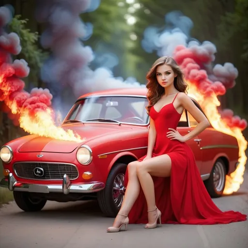 Prompt: cute white girl with the car in red dress and red car with fire and smoke effect