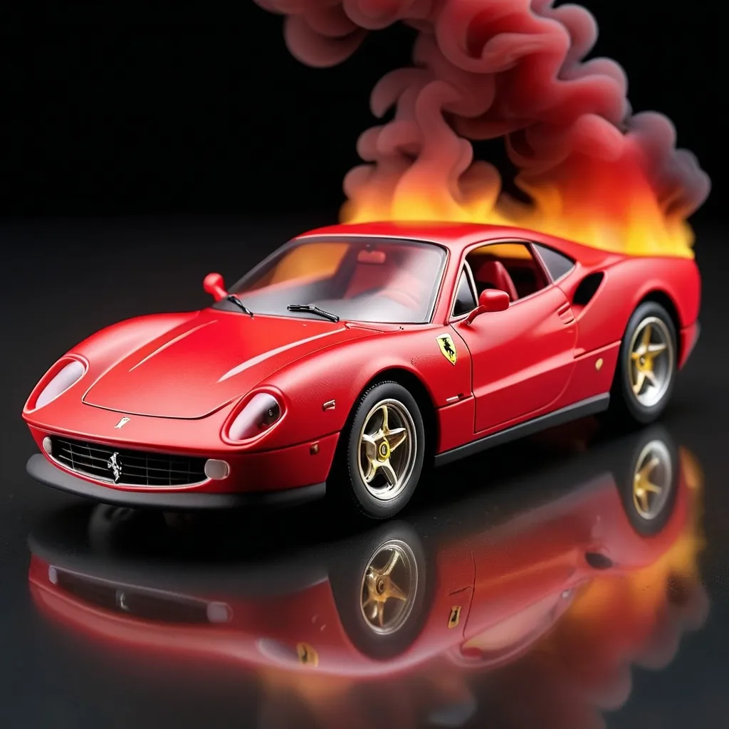 Prompt: Diecast model car ferrari in red color with smoke and fire in dark theme