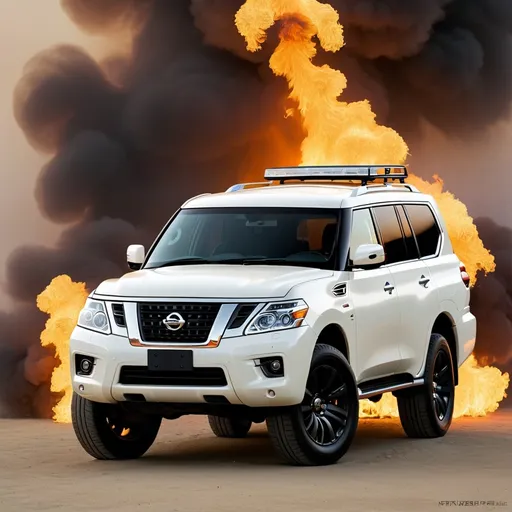 Prompt: nissan patrol pearl white color with smoke and fire