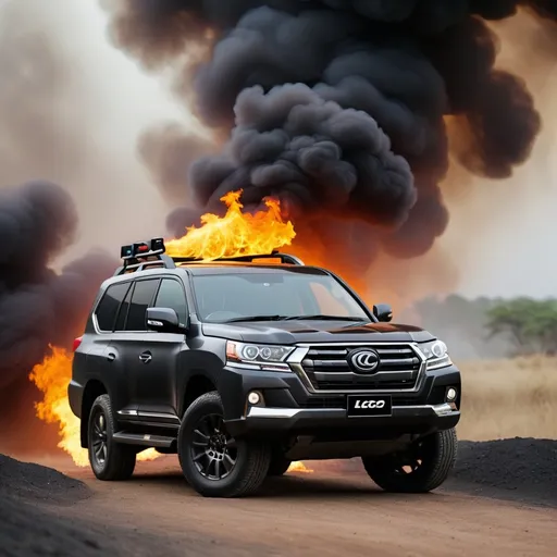 Prompt: land cruised car lc 200 with fire smoke and dark theme