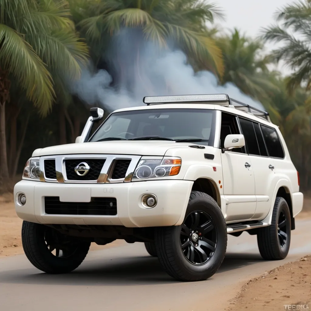 Prompt: nissan patrol pearl white color with smoke and fire