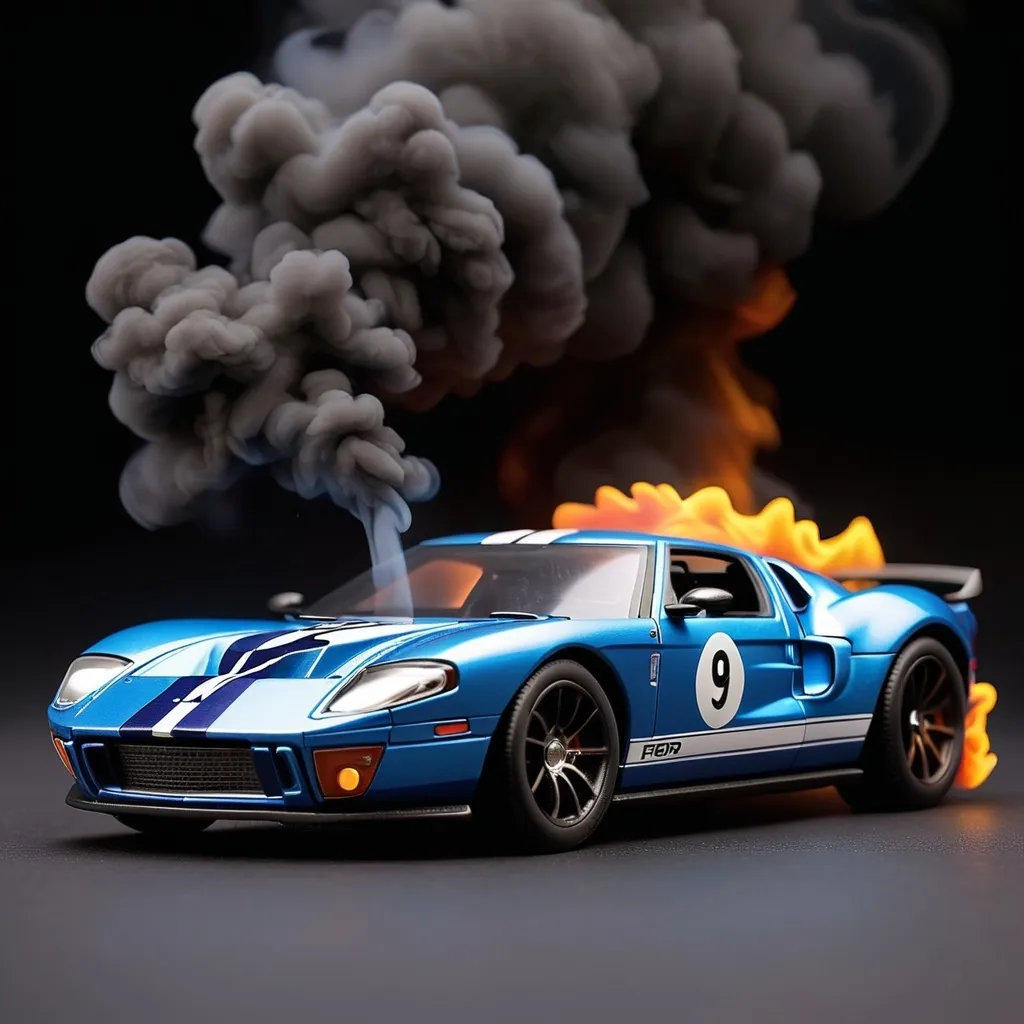 Prompt: Diecast model car ford GT shelby in blue color with smoke and fire in dark theme