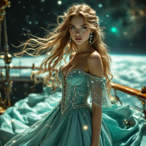 Prompt: A beautiful, young woman, with long, flowing, wavy hair, and a feminine face, characterized by soft, gentle curves, full lips, and large, expressive eyes that shimmer like emeralds, wearing a (((vintage dress))) adorned with intricate embellishments and ornaments, including a capelet made of shimmering velvet and filled with delicate, shimmering pearls and diamonds. The dress has a tight corset, which is laced at the back. The woman stands on a boat in a majestic, expansive cosmos filled with planets and stars visible in the night sky. She is looking in the direction of a castle on the horizon, its spires reaching up into the sky. The background is filled with a dazzling array of colors, from deep blues and purples, blending into a soft, dreamlike mix of pastel pink and light green, representing the vast expanse of space. The woman's face reflects an air of sophistication and mystery, as if she were the star of her own story, captured in a moment of fantasy and imagination.