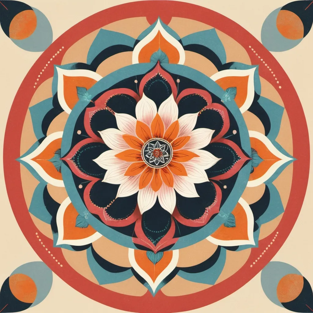 Prompt: A simple colored mandala hand-drawing looked-like with a circle as the base, tulip flower at the center, spirals surrounding the lotus, and fill spaces with geometric patterns like square, triangle and circles. Do not repeat.