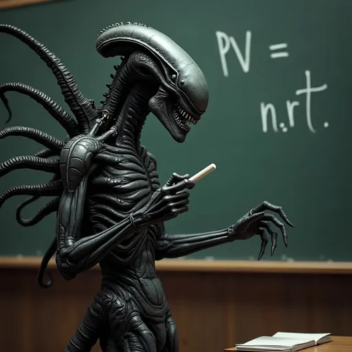 Prompt: Um xenomorfo estilo hg giger estilo sombrio e metálico, realista, dando aula com giz na mão e uma lousa atrás dele com a expressão PV = nrt