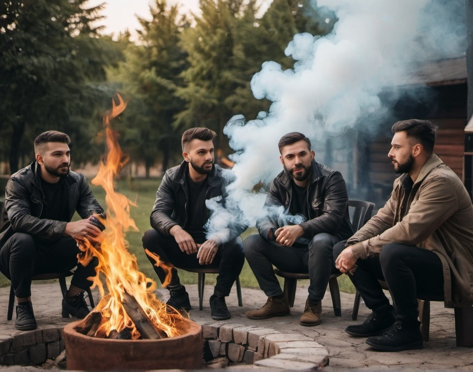 Prompt: a group of men sitting around a fire pit with a lot of smoke coming out of it and a fire in the middle, Daryush Shokof, incoherents, portrait photography, a stock photo