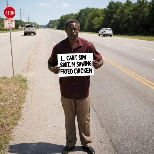 Prompt: black man on the side of the road holding a sign saying I can't swim, while eating fried chicken 