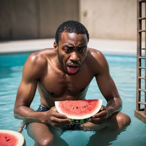 Prompt: black man eating chicken and watermelon as a prisoner in jail and is afraid of water and cant swim