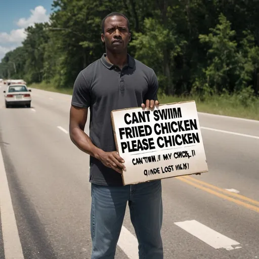 Prompt: A black man standing on the side of the road holding a sign saying "Can't Swim fried chicken please, I lost my family" and holding a carton of milk in the other hand.