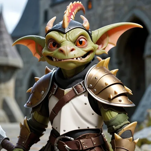 Prompt: um goblin cego, vestido com uma armadura de wyvern branco, encapuzado, com uma capa de manticora preta e com duas adagas feitas de dentes de dragão 