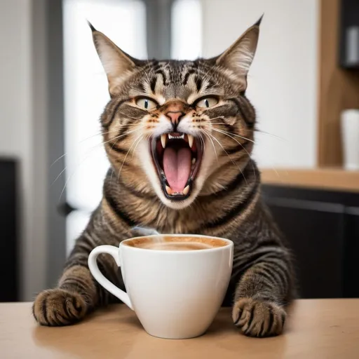 Prompt: Screaming cat with coffee