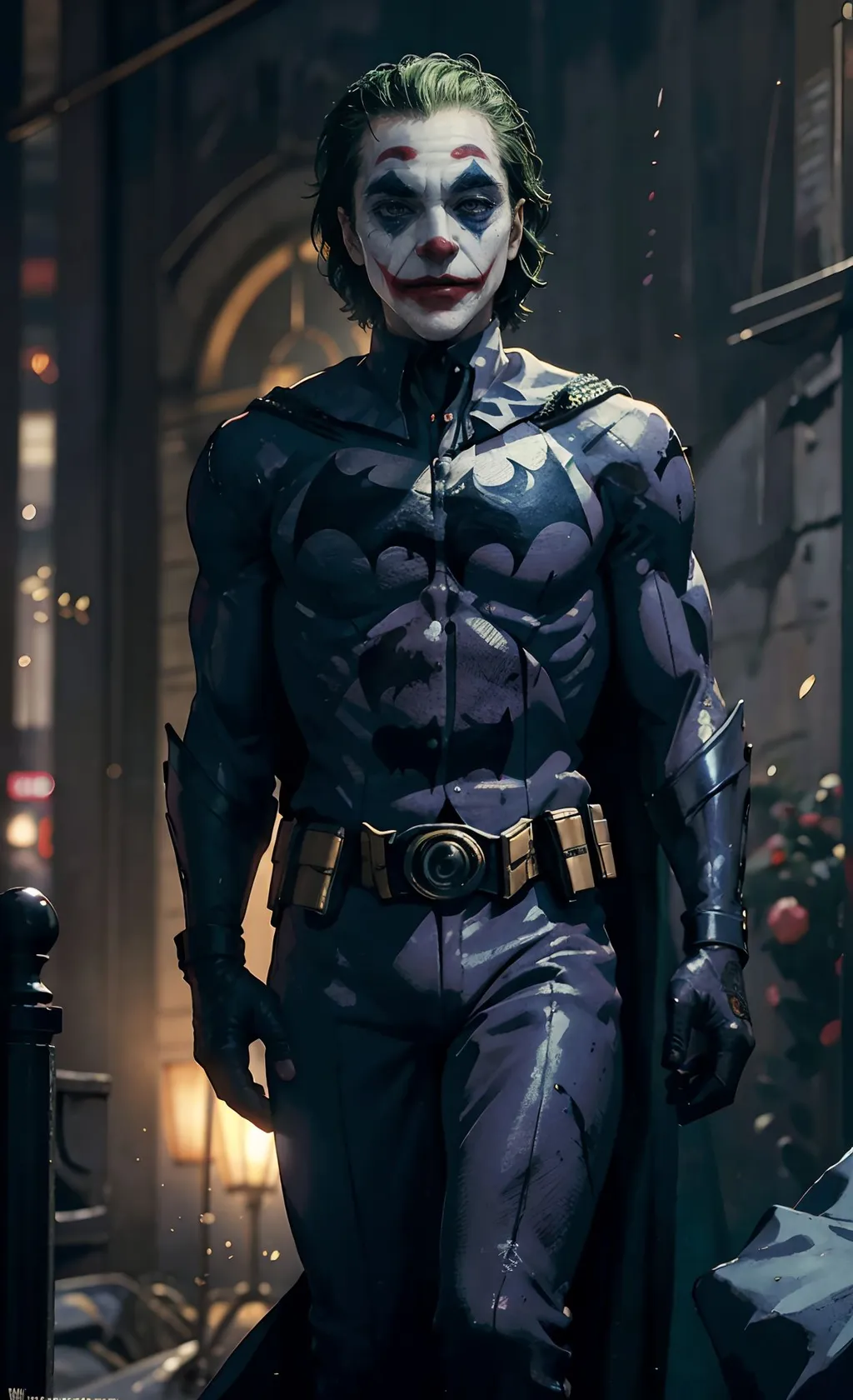 Prompt: (highres, masterpiece:1.2), ultra-realistic, photorealistic, photo-realistic:1.37), centered, CGI, portrait, concept art, male, Joker wearing batman mask, Studio lighting, (Batman), (Batsuit:1.5), HD