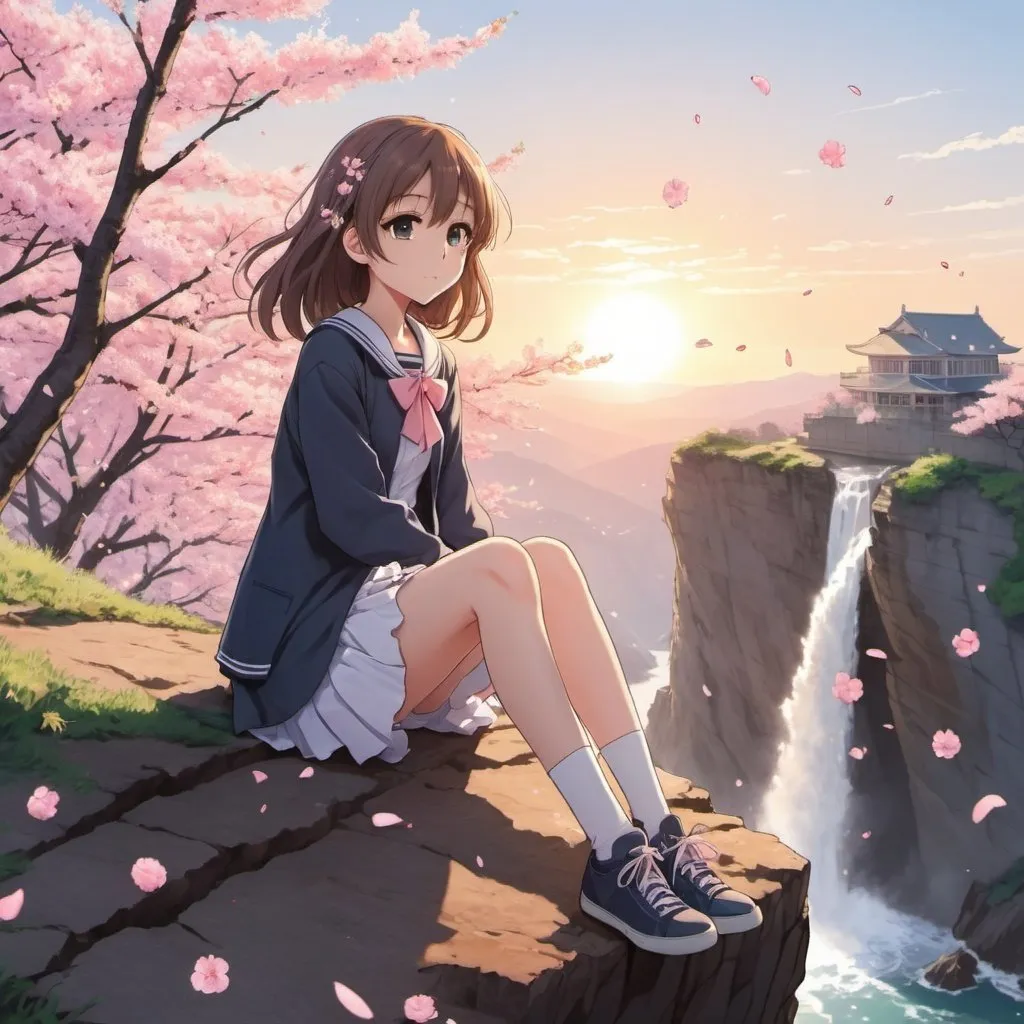 a anime high school girl sitting on top of a cliff w...