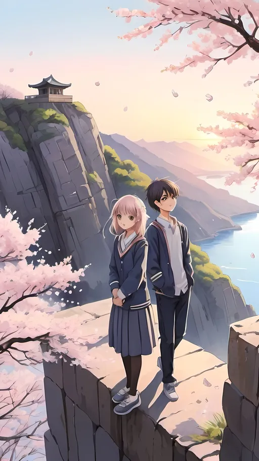 Prompt: Anime illustration of a high school girl and boy, cherry blossoms falling, sunrise, cliff setting, sketchbooks, detailed eyes, pastel tones, anime, high school, scenic, cherry blossoms, sunrise, cliff, sketchbooks, peaceful, detailed eyes, anime, pastel tones