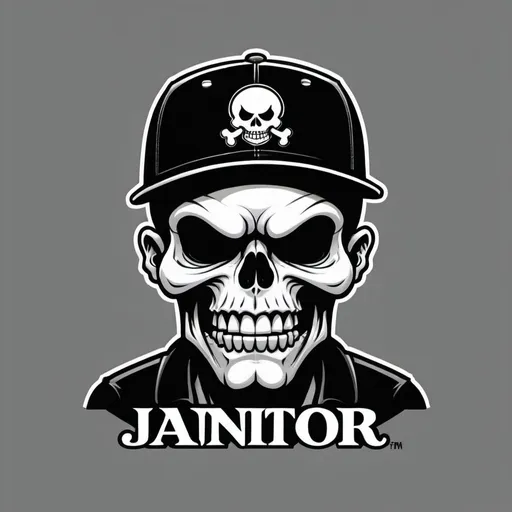 Prompt: Black and white cartoon style evil skull wearing flat bill baseball cap that says JANITOR