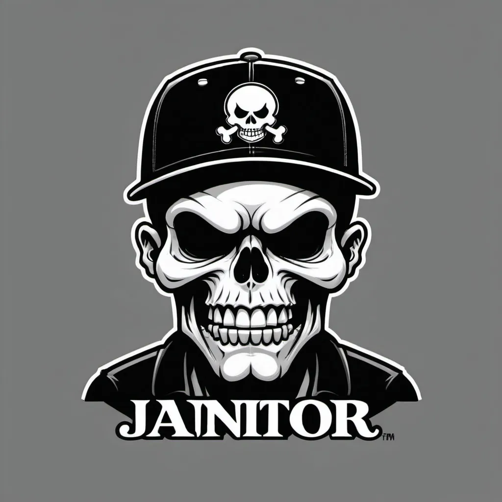 Prompt: Black and white cartoon style evil skull wearing flat bill baseball cap that says JANITOR