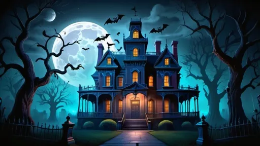 Prompt: Haunted mansion exterior at night, eerie trees, bats, fog, moonlit sky, vector illustration, spooky atmosphere, cool-toned, professional, detailed, atmospheric lighting, high quality, spooky fun , vibrant 