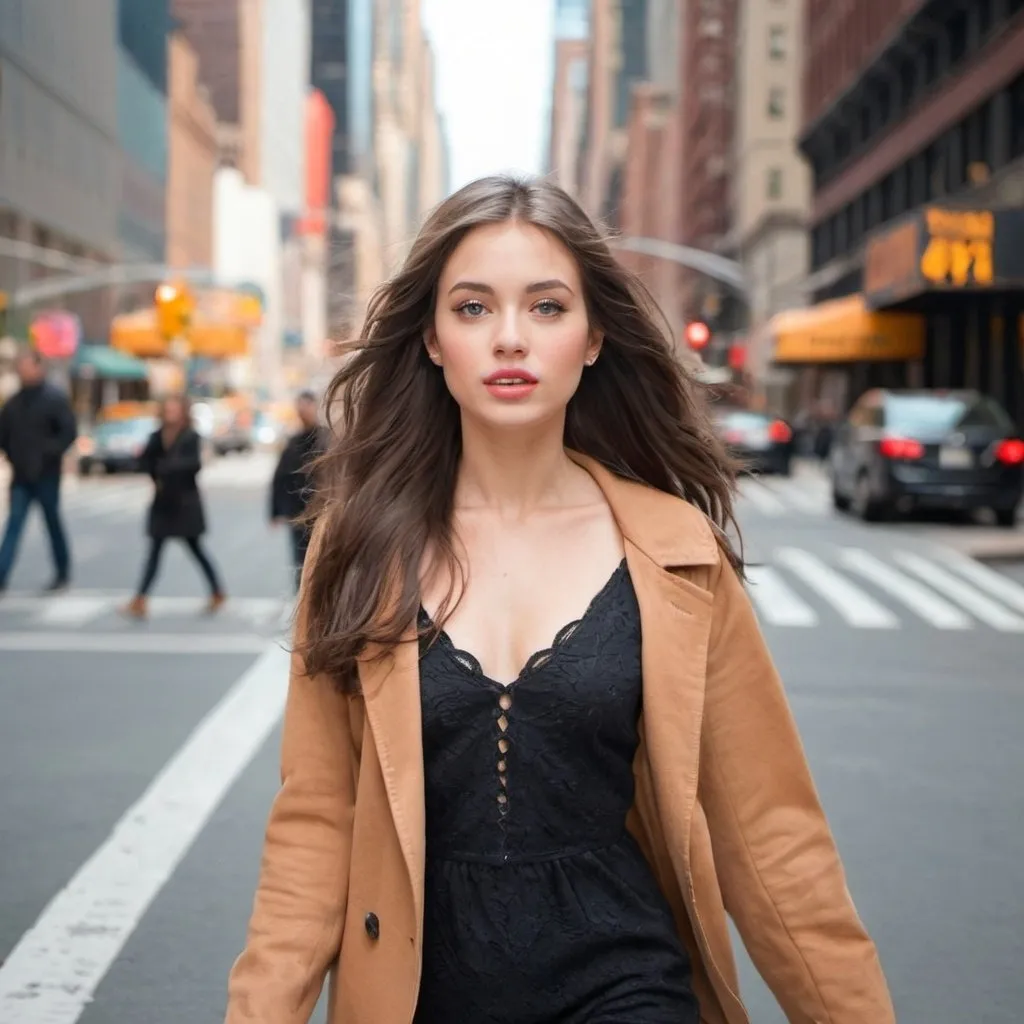 Prompt: a fashion pretty girl walking in the street of New York