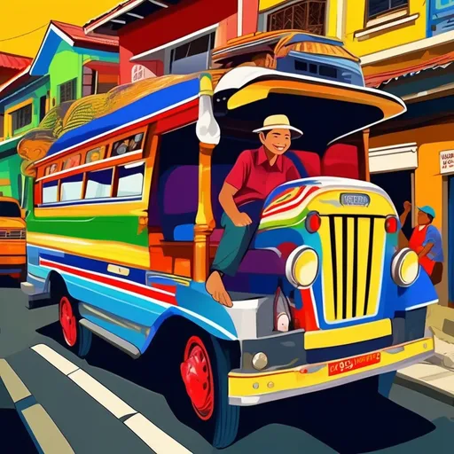 Prompt: Colorful jeepney in poster style, driver, vibrant houses, detailed illustration, high quality, poster art, vibrant colors, detailed design, traditional Filipino jeepney, driver with friendly smile, bustling street scene, lively atmosphere, warm and vibrant tones
