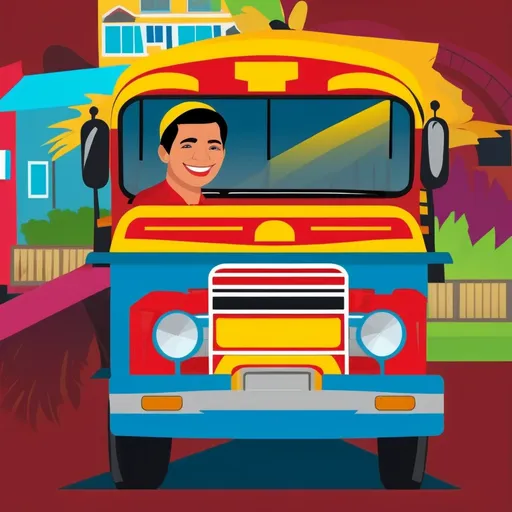 Prompt: Colorful jeepney in poster style, driver, vibrant houses, detailed illustration, high quality, poster art, vibrant colors, detailed design, traditional Filipino jeepney, driver with friendly smile, bustling street scene, lively atmosphere, warm and vibrant tones, with pencils, feathers, papers around the jeepney