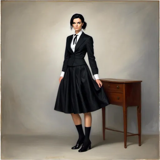 Prompt: <mymodel>Realistic full-length portrait of a beautiful caucasian woman in her late 20s, black hair in a back bun, discrete makeup, full length black cotton skirt, black mess dress jacket, white blouse, and a black woman's-tie, black court shoes, set against a clean white background, high quality, realistic style, detailed hair and clothing, elegant, professional, natural lighting