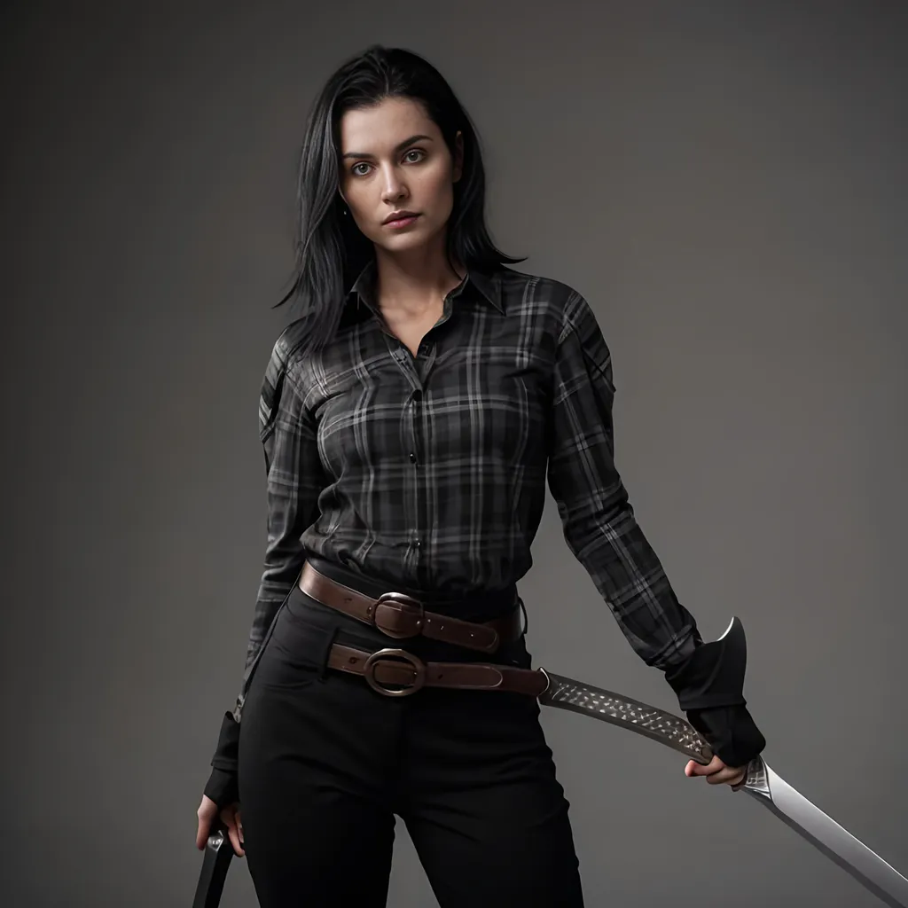 Prompt: beautiful caucasian woman in late 20s. shoulder-length black hair.  no makeup. black trousers. black boots. grey plaid shirt. black sword-belt. sword in right hand. 
white background. looking left. 